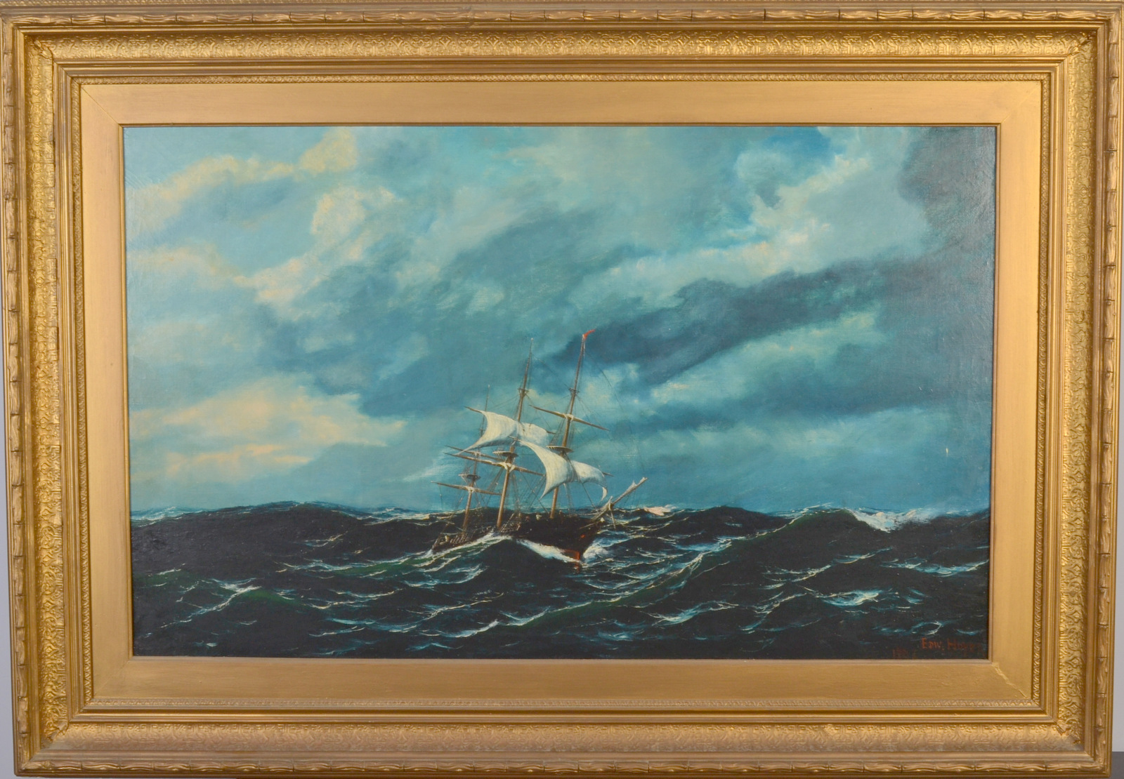 EDWARD HOYER Clipper in heavy seas Oil on canvas Signed and dated 1876 59 x 95cm