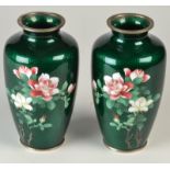 A pair of Ginbari cloisonne enamel vases with silvered rims, decorated with floral sprays,