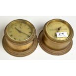 A Celest brass "Yacht Alarm" bulkhead clock and a matching barometer, each diameter 10cm.