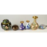 Three Japanese cloisonne vases, a ginger jar and cover and two boxes with covers.