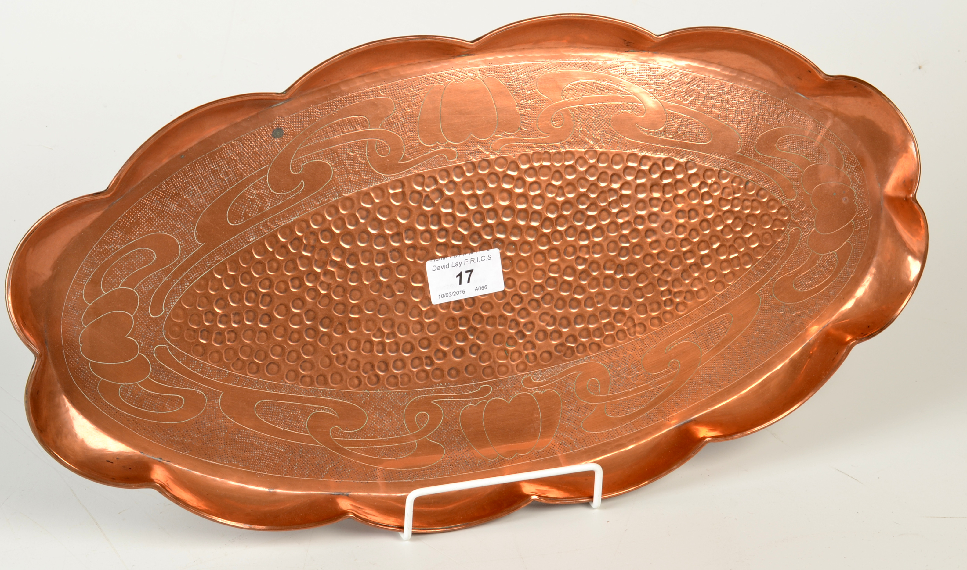 A Hayle, J. & F.Pool Copper oval shape lobed tray decorated with stylised apples. No.