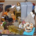 A box of dummy display perfume bottles and various small perfume sample bottles etc.