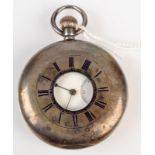 A silver half hunter cased keyless pocket watch, the back inscribed, 'Presented to William Davies,