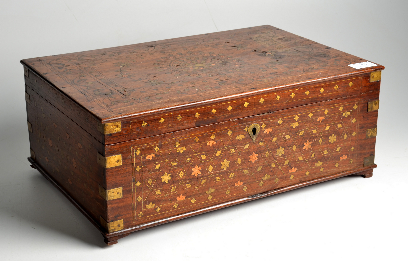 An Indian brass inlaid work box, circa 1900, decorated with floral motifs, - Image 2 of 2