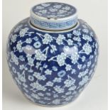 A large Chinese porcelain blue and white Kangxi six character mark ginger jar with prunis blossom