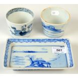 An Arita blue and white, rectangular Imari dish and two blue and white noodle cups.