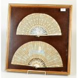 Two mounted and framed fans, one with mother of pearl sticks and floral and gold thread leaf,