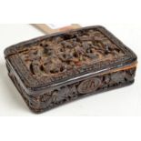 A Chinese 19th century tortoiseshell snuff box carved with figures, trees,