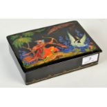 A Russian lacquer box painted with a scene from the fairy tale `The Swan Princess`, signed Tianex