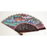 A 19th century Chinese lacquer fan painted with female figures with ivory faces and riverside