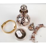 A post war Arts and Crafts silver necklace, together with a silver encased perfume bottle,