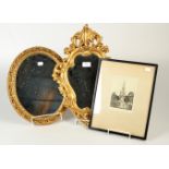 Two small mirrors in gilt frames and an etching of The Scott Memorial by Robert Houston.