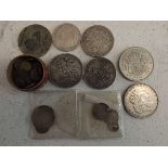 Crowns; 1889 and 1937, 1879 dollar, 1887 4/~ 1889 2/6, 1807 French 5 Francs, miniature money etc.