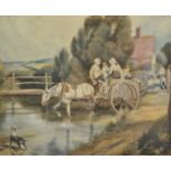 Follower of BIRKET FOSTER Crossing the river Watercolour 45 x 54cm Framed and