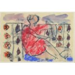 JOHN EMANUEL Red Dress Mixed media Signed 17 x 26cm Framed and glazed.