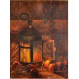 M T RICHARDS (Student of Stanhope Forbes?) Still life with a lantern Oil on canvas Signed to the