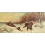 JAMES CRAWFORD THOM Children gathering winter fuel Oil on mahogany panel Signed Indistinct label