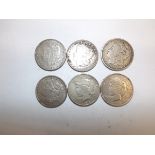 Six U.S.A. silver dollars:- 1881, 1882, 1888, 1891, 1922 and 1923.