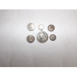 Charles II 3d 1680, George II 6d 1757 Victoria 2/- 1887 and three other silver coins a/f.
