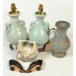 A pair of modern Chinese celadon glazed vases, converted to lamps, height 29cm,