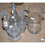 A pair of cut glass slender ovoid toilet bottles and stoppers, together with other glass, damaged.