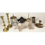 A pair of brass candlesticks, silver plated cockerels, a small brass lantern,