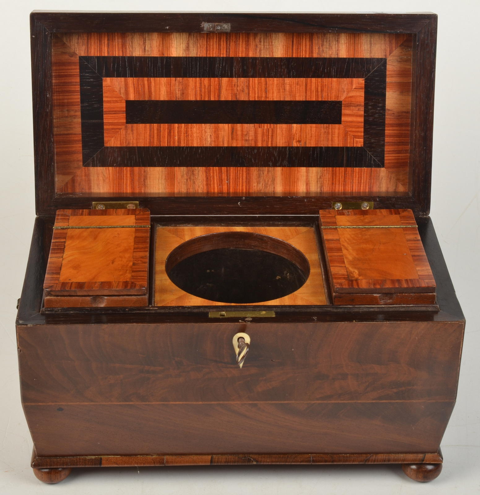 A Regency mahogany sarcophagus three section tea chest, the interior with exotic veneers. - Image 2 of 2