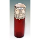 A Sampson Mordan Victorian cranberry glass cylindrical toilet bottle,