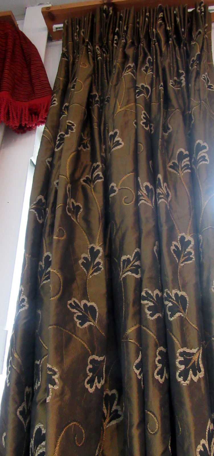 A pair of Zoffany faux bronze and black silk curtains, drop 170cm,