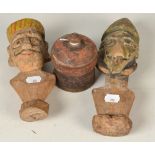 Two Kazakhstan puppet heads and an Indian ointment pot.