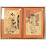 A pair of Japanese 19th century oban size woodcut prints, studies of Geisha, signed Kunisada,