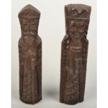 Two carved wood figures in medieval style, one of a churchman height 29.