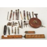 A pocket knife by Hugo Koller, a carpenters name punch, drawing instruments, keys, etc.