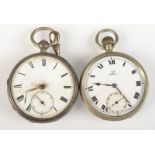 An Omega keyless nickel pocket watch and a silver pocket watch.