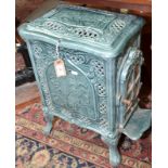 A French Godin style Art Nouveau blue enamel solid fuel stove, height 62cm, width 30cm.