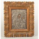 A Greek Orthodox icon with silver oklad, impressed mark AG, gilt frame, icon size 15.5 x 12cm.