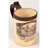 A creamware cylindrical quart frog mug blackprinted 'A southeast view of the stupendous iron bridge