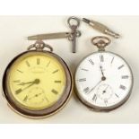 Two keyless open faced pocket watches and three keys.