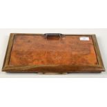 A Humber Cars burr walnut veneered folding picnic tray with chrome handle and coaster, width 37.5cm.