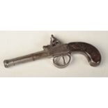 A George III box lock flintlock pistol with a canon barrel and silver wire inlaid stock.