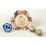 A Chinese blue and white prunus pattern jar, height 12cm, an Imari dish, diameter 31cm,