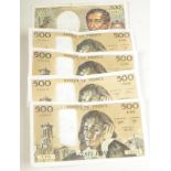 Four French 500 franc bank notes, circa 1987, together with a 200 franc bank note dated 1981.