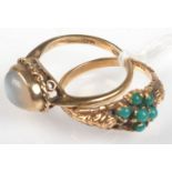 A 9ct. gold ring set moonstone, and one other gold ring set with turquoise.