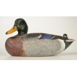 A carved and painted decoy mallard duck by Mike Wood, maximum length 37cm.