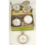 Two silver key wind full hunter cased pocket watches and three other pocket watches.