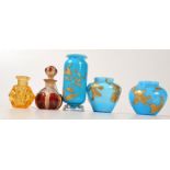 Three blue overlay small glass vases in Webb style with gilt painted decoration,