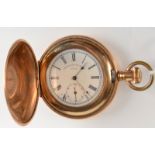 An engine turned gold plated full hunter cased keyless pocket watch by American Waltham,