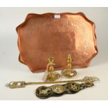 A copper Arts and Crafts planished and floral repousse tray, length 53cm,