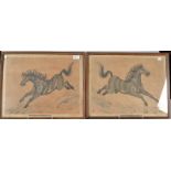 A pair of Chinese watercolour paintings in the style of Xu Beihong of galloping horses,