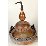 A hanging copper lamp by D W Windsor with cast white metal decoration.